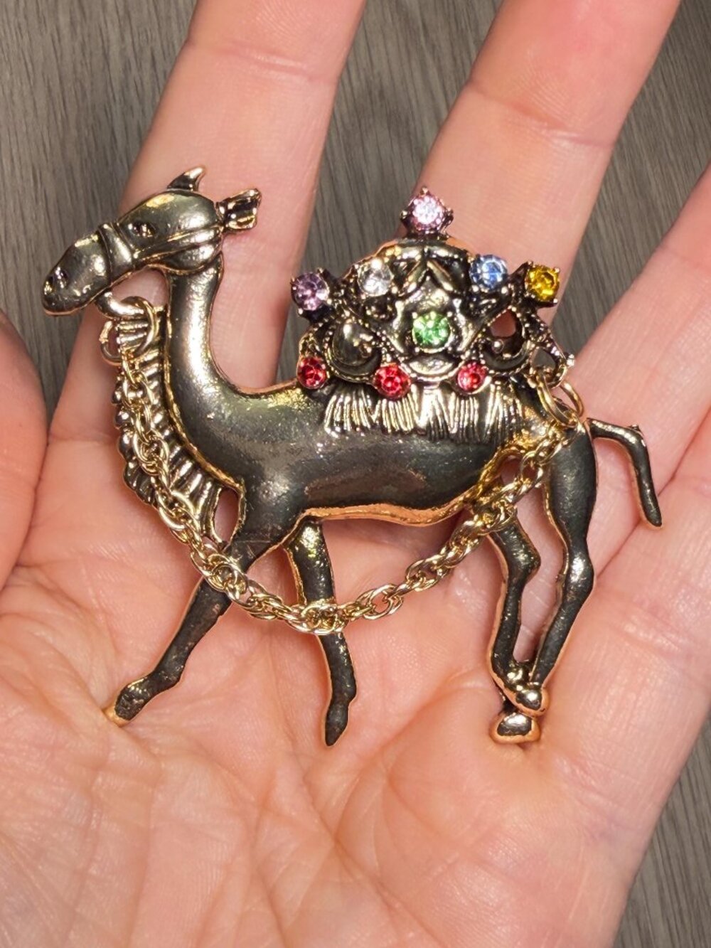 Camel Brooch Colorful Rhinestones Gold Tone Chain Accent